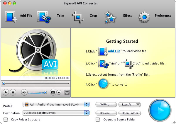 Screenshot of Bigasoft AVI Converter for Mac