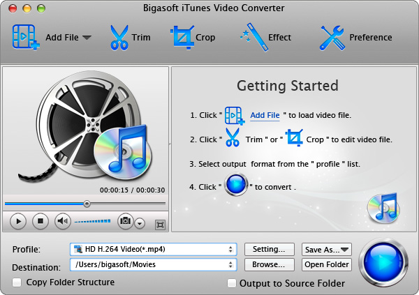 Screenshot of Bigasoft iTunes Video Converter for Mac