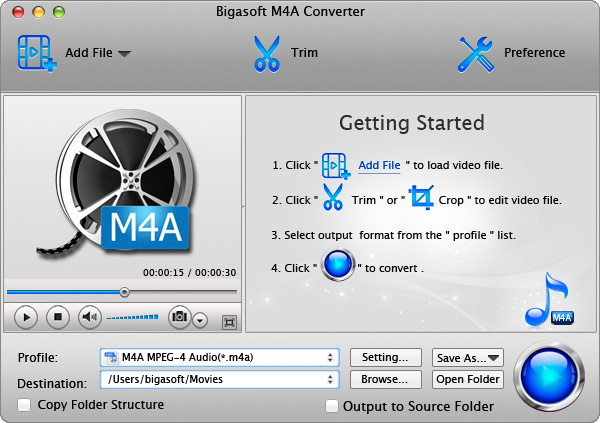 Screenshot of Bigasoft M4A Converter for Mac