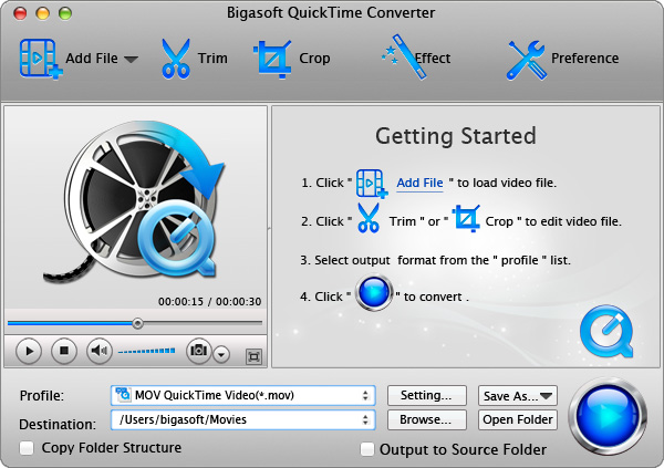 Screenshot of Bigasoft QuickTime Converter for Mac