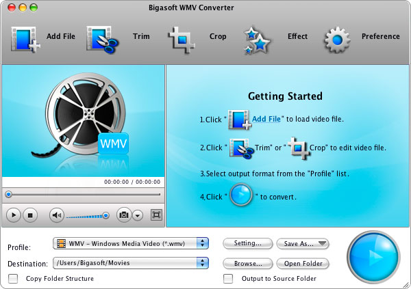 Screenshot of Bigasoft WMV Converter for Mac